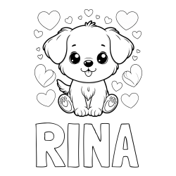 Online izdelana pobarvanka - Pobarvanka imena RINA in pobarvanka ljubkega kužka obdanega s srčki