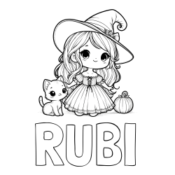 Online izdelana pobarvanka - Pobarvanka imena RUBI in pobarvanka ljubke čarovnice, muce in buče