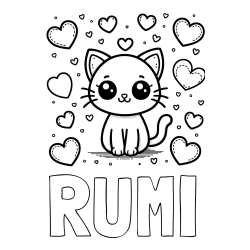 Online izdelana pobarvanka - Pobarvanka imena RUMI in pobarvanka ljubke mucke obdane z veliko srčki