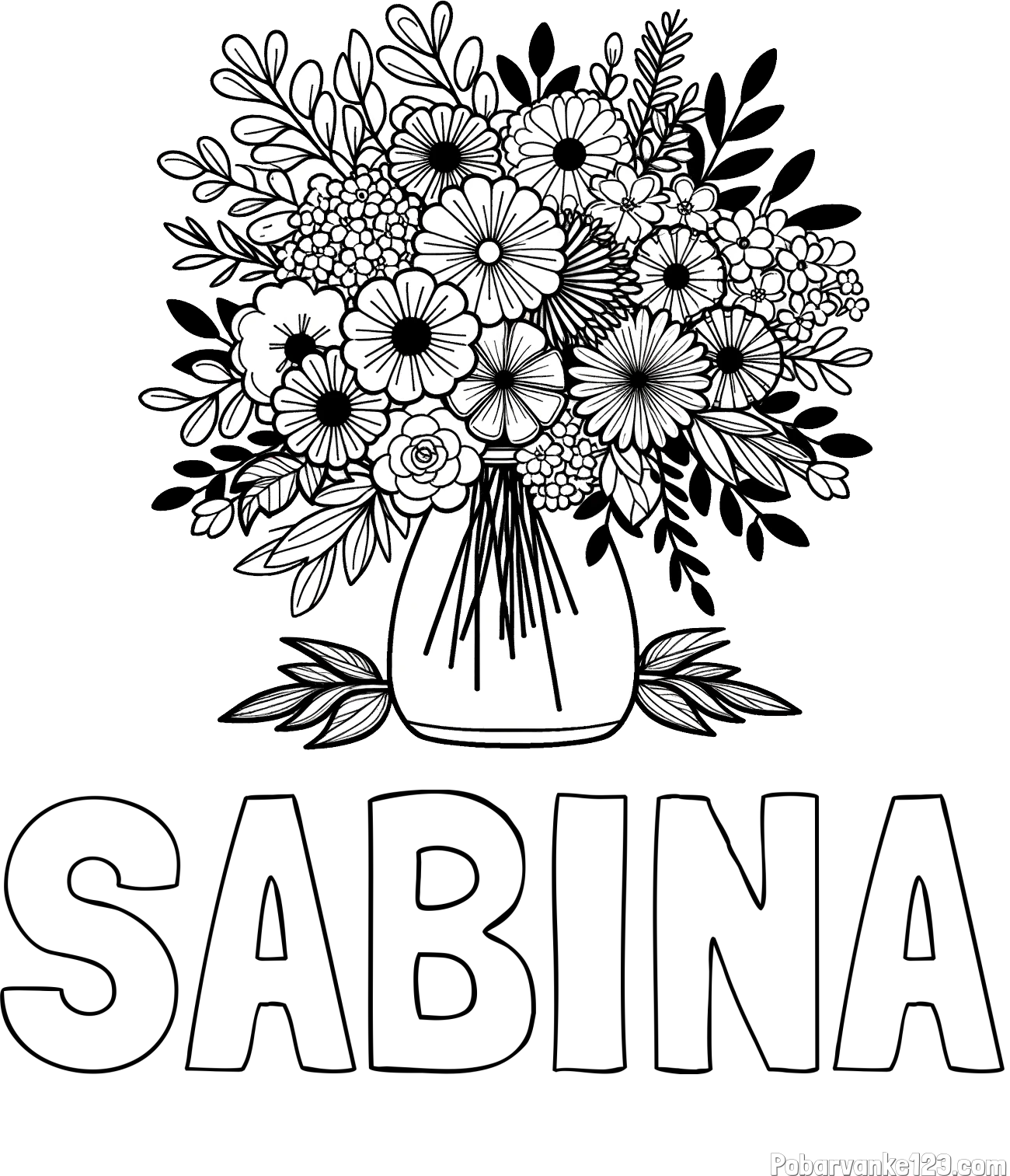 Pobarvanka imena SABINA in pobarvanka veliekga šopka rož