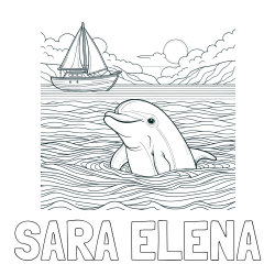 Online izdelana pobarvanka - Pobarvanka imena SARA ELENA in pobarvanka delfina v morju ter jadrnice