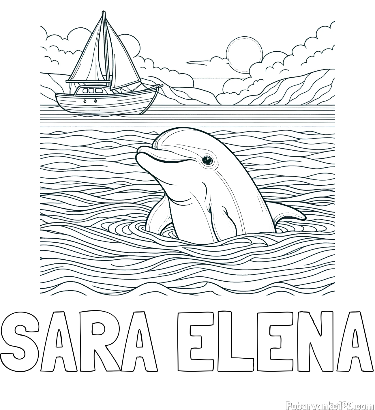 Pobarvanka imena SARA ELENA in pobarvanka delfina v morju ter jadrnice