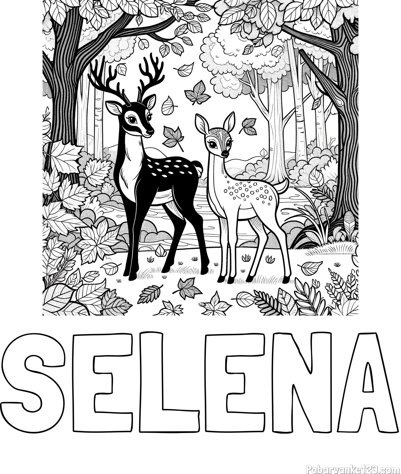 Pobarvanka imena SELENA in pobarvanka srnice in jelenčka