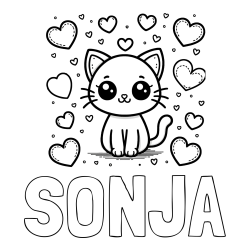 Pobarvanka imena SONJA in pobarvanka ljubke mucke obdane z veliko srčki