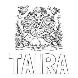 Online izdelana pobarvanka - Pobarvanka imena TAIRA in pobarvanka prikupne male morske deklice