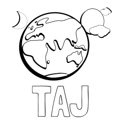 Online izdelana pobarvanka - Pobarvanka imena TAJ in pobarvanka planeta Zemlje, lune ter sonca