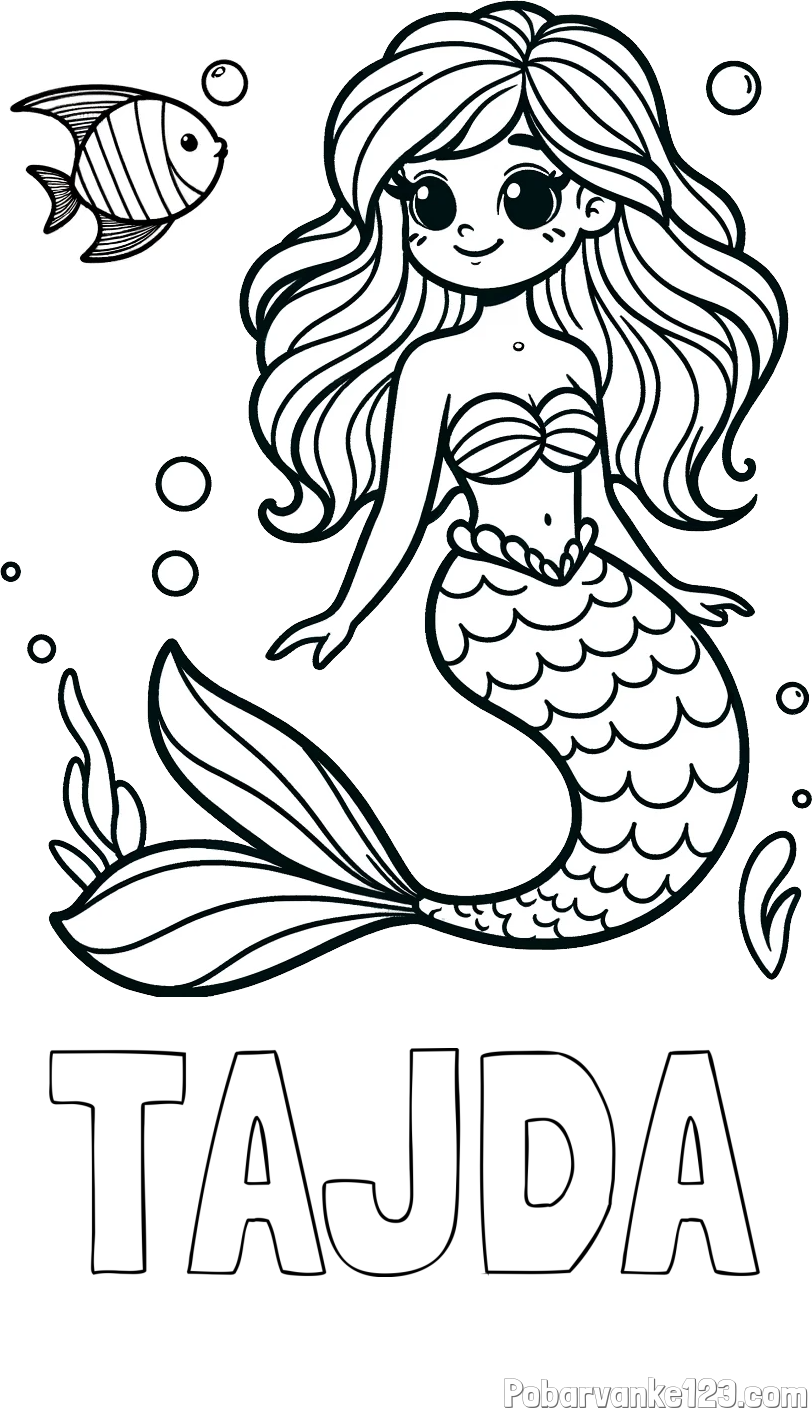 Pobarvanka imena TAJDA in pobarvanka male morske deklice in ribice