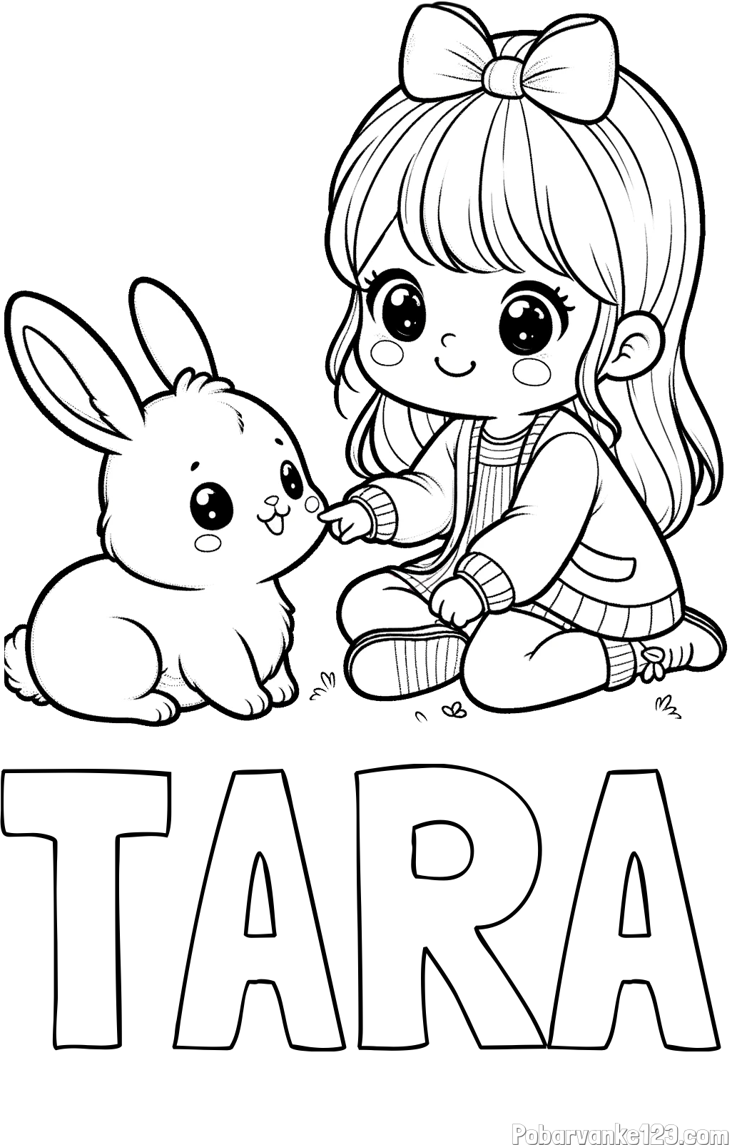 Pobarvanka imena TARA in pobarvanka ljubke punčke, ki se igra z zajčkom