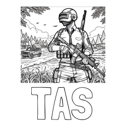 Online izdelana pobarvanka - Pobarvanka imena TAŠ in PUB pobarvanka bojišča ter osrednjega lika