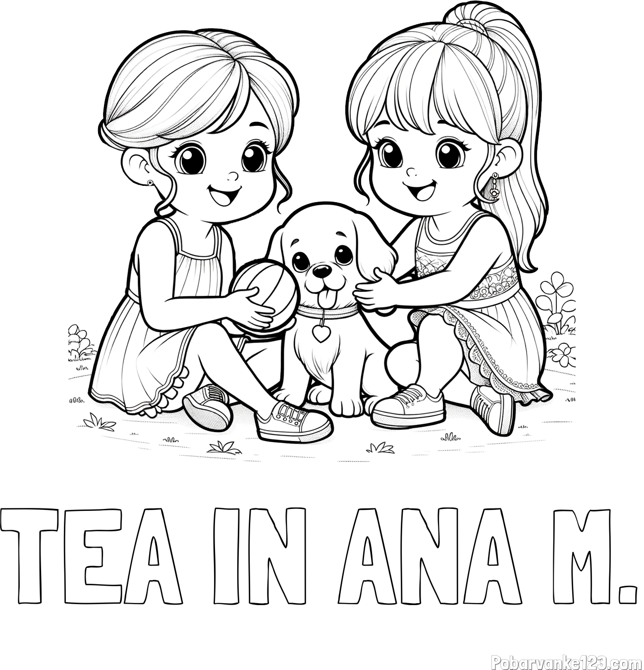 Pobarvanka imena TEA IN ANA M. in pobarvanka prijateljic s kužkom