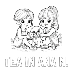 Online izdelana pobarvanka - Pobarvanka imena TEA IN ANA M. in pobarvanka prijateljic s kužkom