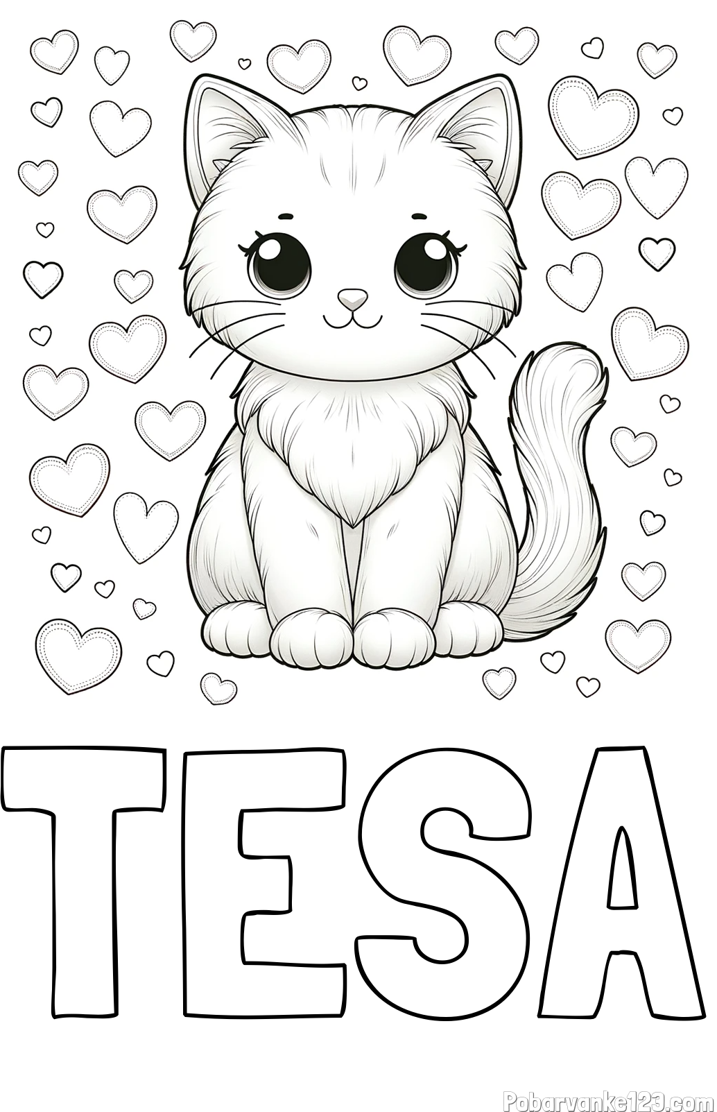 Pobarvanka imena TESA in pobarvanka ljubke mucke obdane s srčki