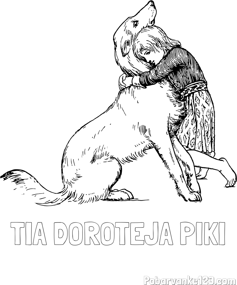 Pobarvanka imena TIA DOROTEJA PIKI in pobarvanka prikupnega kužka, ki ga objema mala deklica