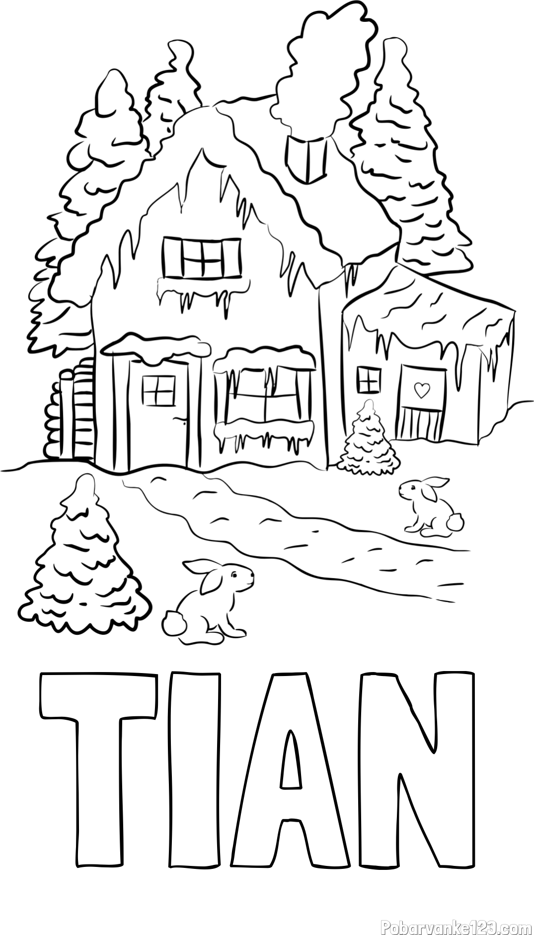 Pobarvanka imena TIAN in pobarvanka zasnežene hiše