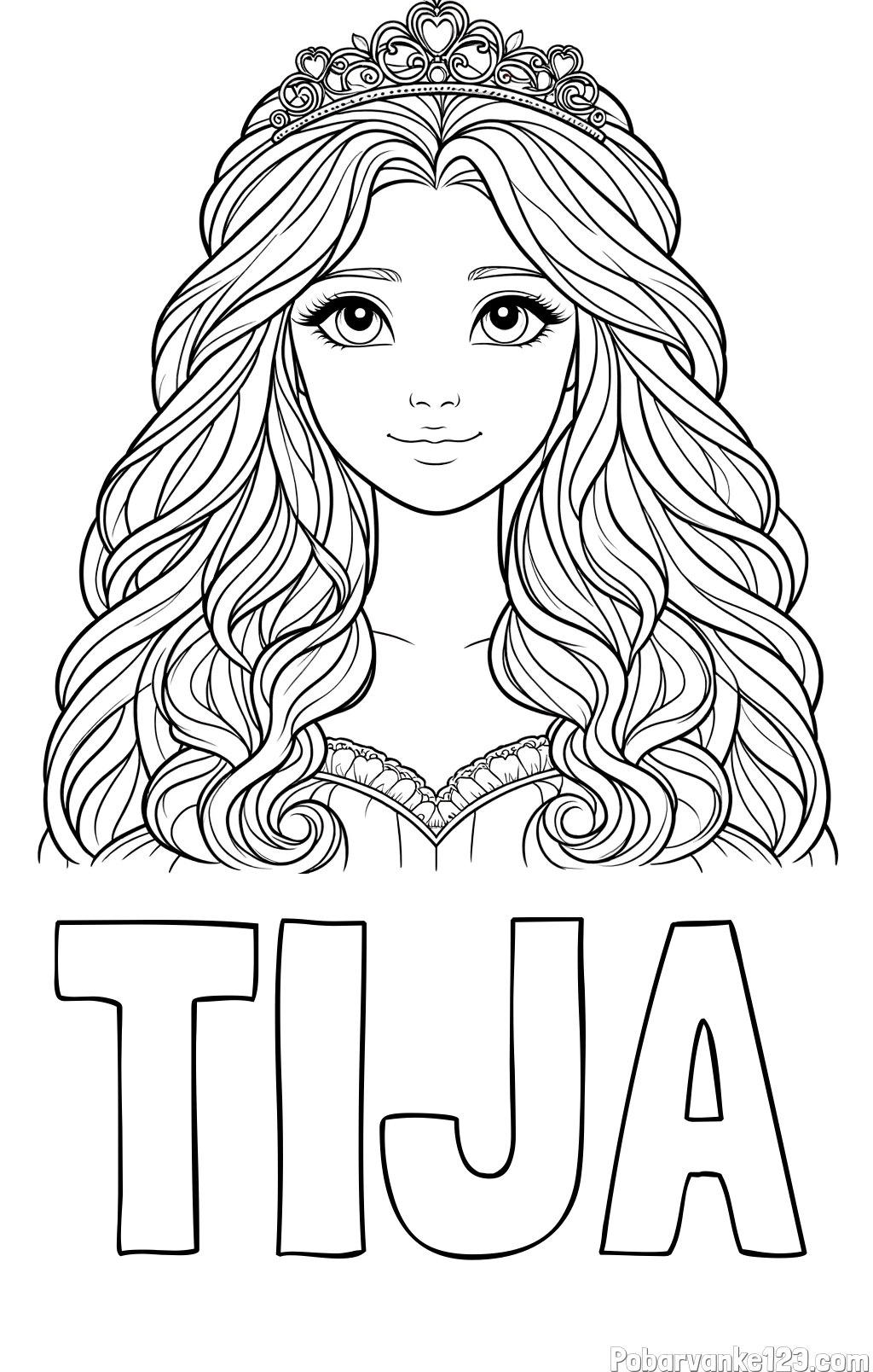 Pobarvanka imena TIJA in pobarvanka ljubke princese z bujnimi lasmi