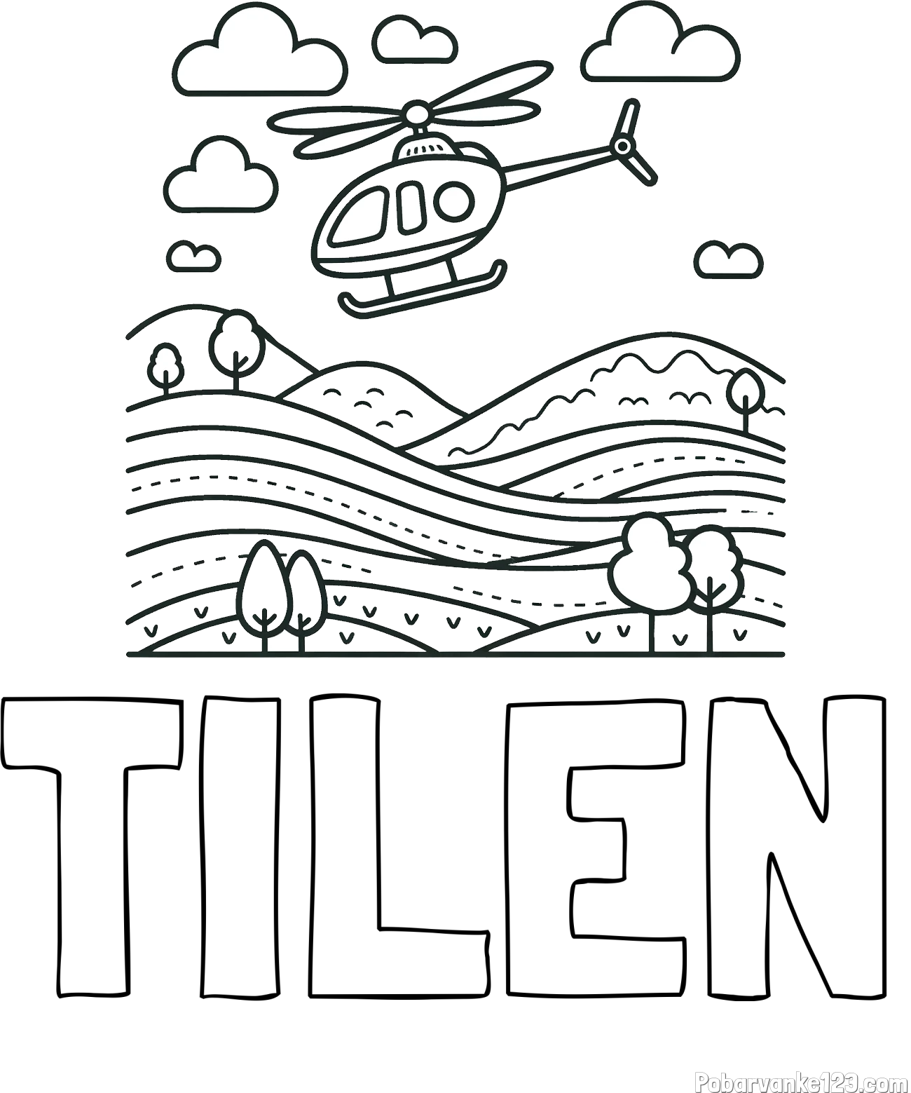Pobarvanka imena TILEN in pobarvanka helikopterja, ki leti nad pokrajino