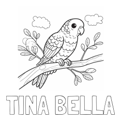 Online izdelana pobarvanka - Pobarvanka imena TINA BELLA in pobarvanka ljubkega kanarčka na veji