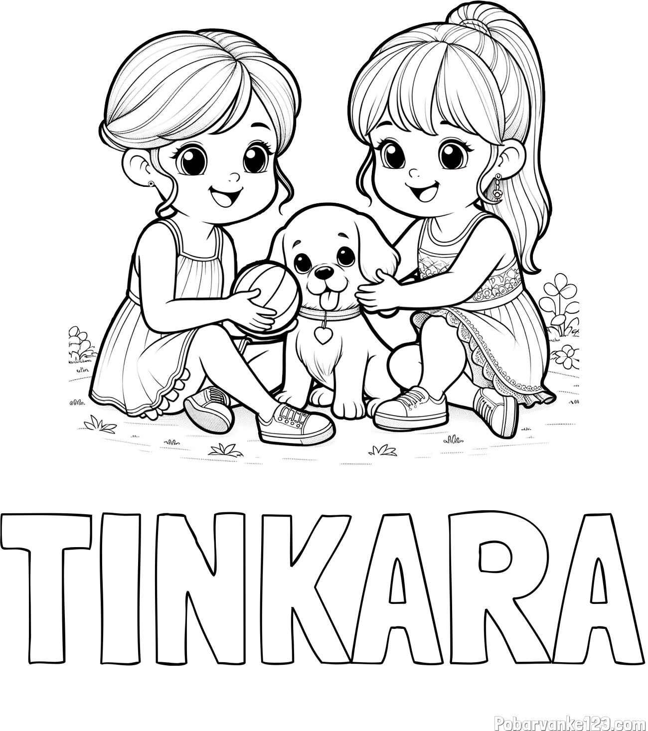 Pobarvanka imena TINKARA in pobarvanka prijateljic s kužkom