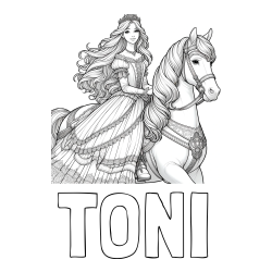 Online izdelana pobarvanka - Pobarvanka imena TONI in pobarvanka nasmejana princese na konju