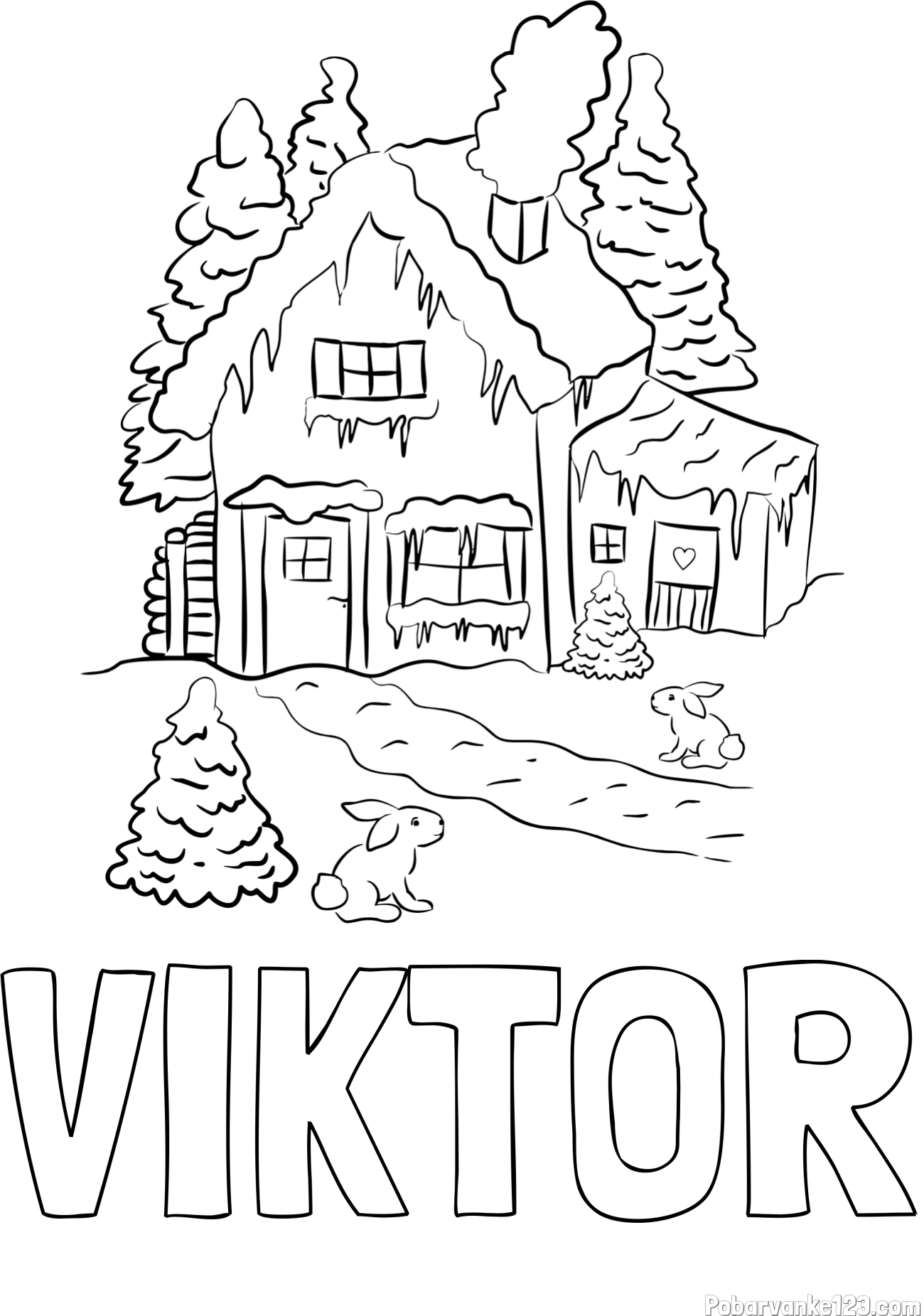 Pobarvanka imena VIKTOR in pobarvanka zasnežene hiše