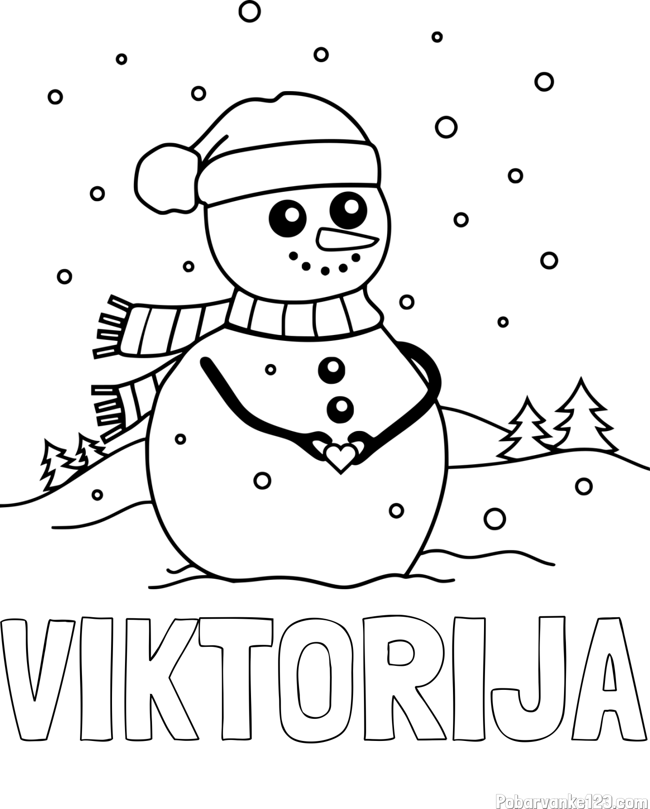 Pobarvanka imena VIKTORIJA in pobarvanka prikupnega snežaka