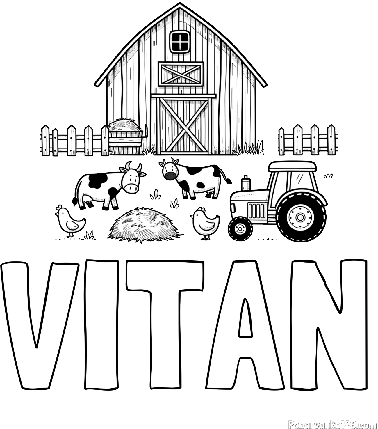 Pobarvanka imena VITAN in otroška pobarvanka velikega senika, krav in traktorja