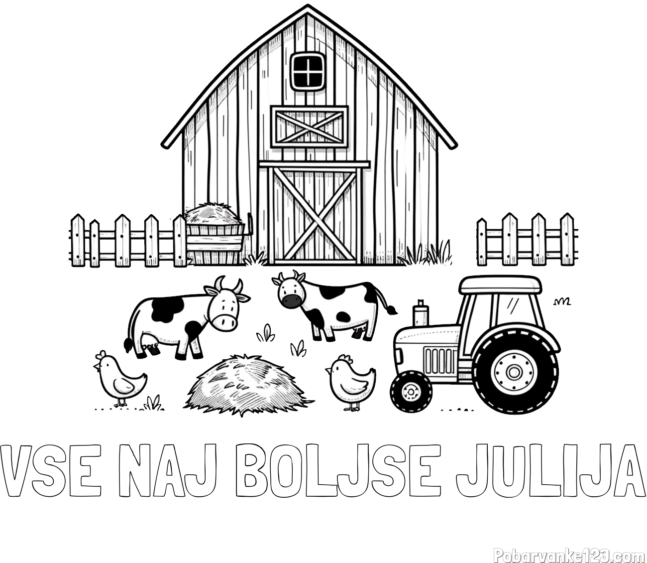 Pobarvanka imena VSE NAJ BOLJŠE JULIJA in otroška pobarvanka velikega senika, krav in traktorja