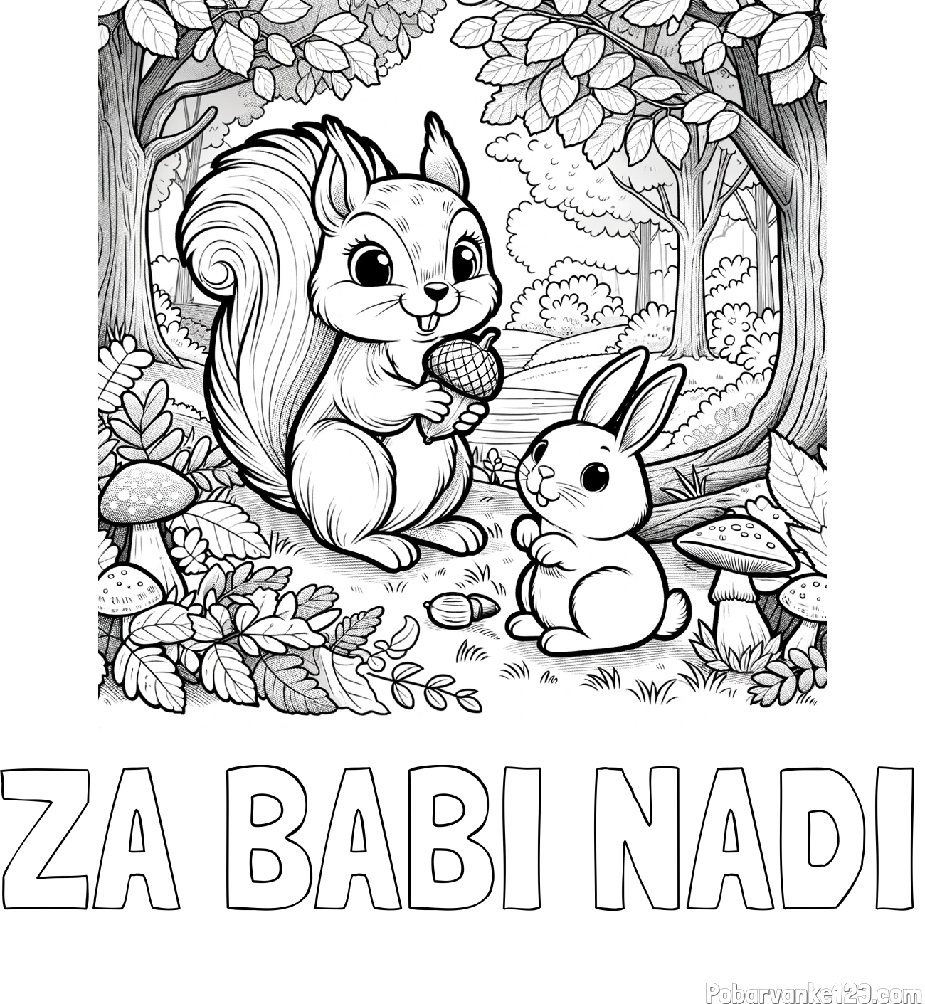 Pobarvanka imena ZA BABI NADI in pobarvanka veveričke in zajčka v gozdu