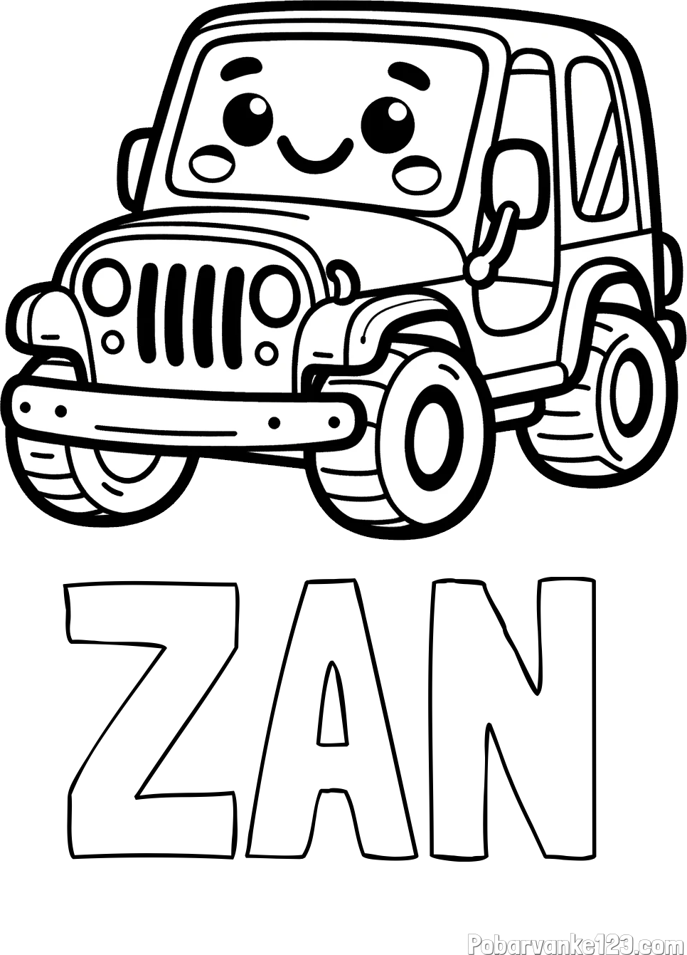 Pobarvanka imena ŽAN in otroška pobarvanka ljubkega džipa
