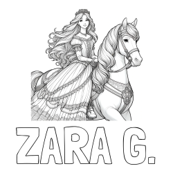 Online izdelana pobarvanka - Pobarvanka imena ZARA G. in pobarvanka nasmejana princese na konju