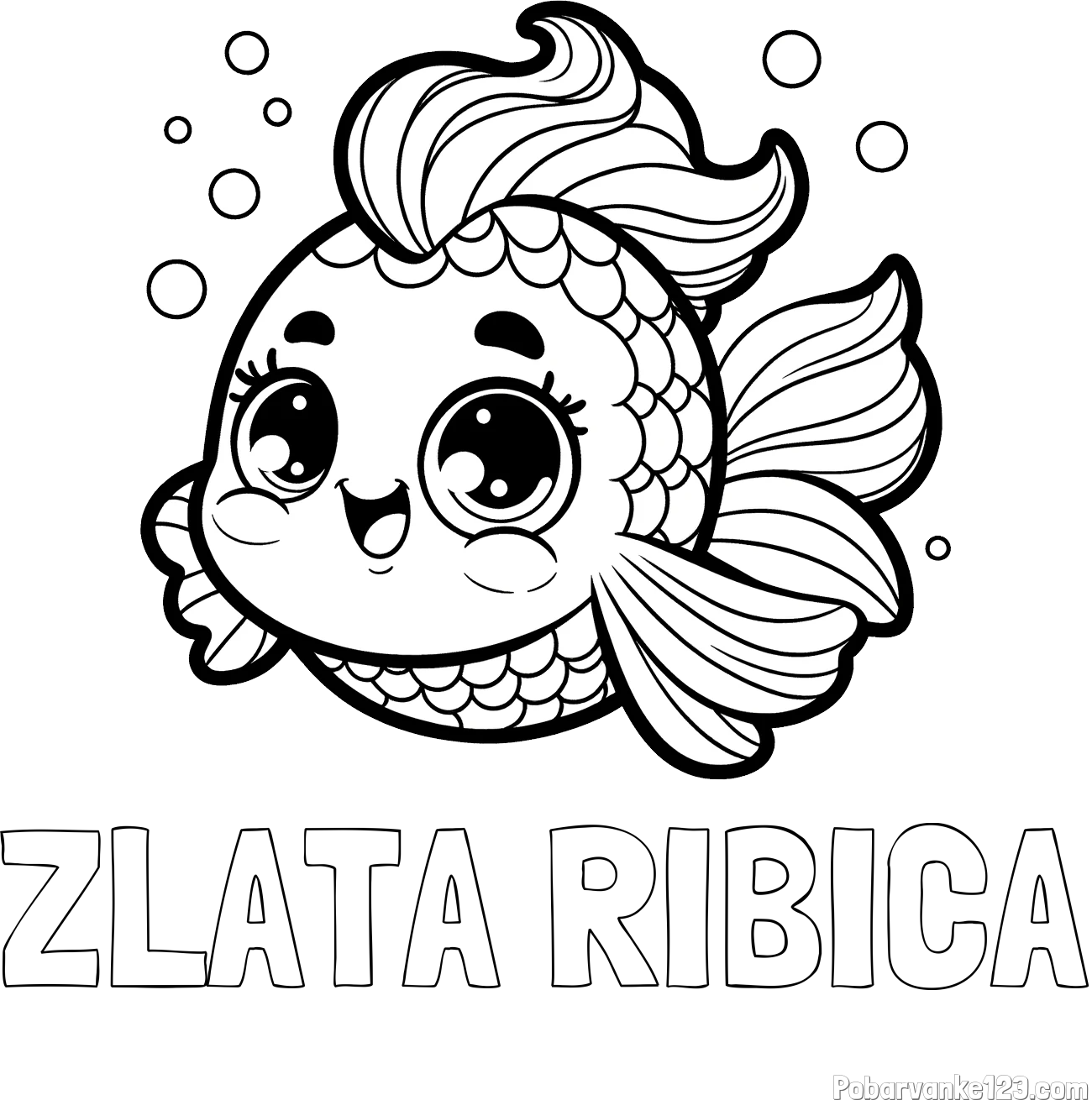 Pobarvanka imena ZLATA RIBICA in pobarvanka ljubke pravljične ribe
