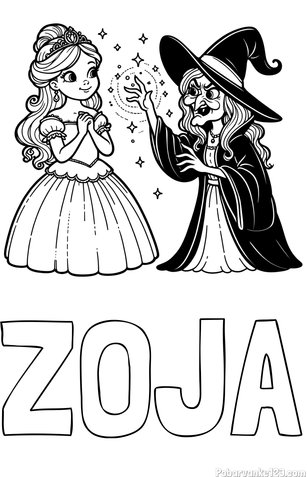 Pobarvanka imena ZOJA in pobarvanka zlobne čarovnice, ki poskuša začarati princesko