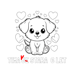 Pobarvana pobarvanka - Pobarvanka imena TIMA JE STARA  6 LET in pobarvanka ljubkega kužka obdanega s srčki