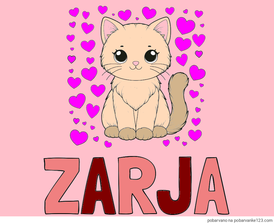 POBARVANA POBARVANKA - Pobarvanka imena ZARJA in pobarvanka ljubke mucke obdane s srčki