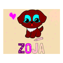 Pobarvana pobarvanka - Pobarvanka imena ZOJA in pobarvanka prikupnega kužka