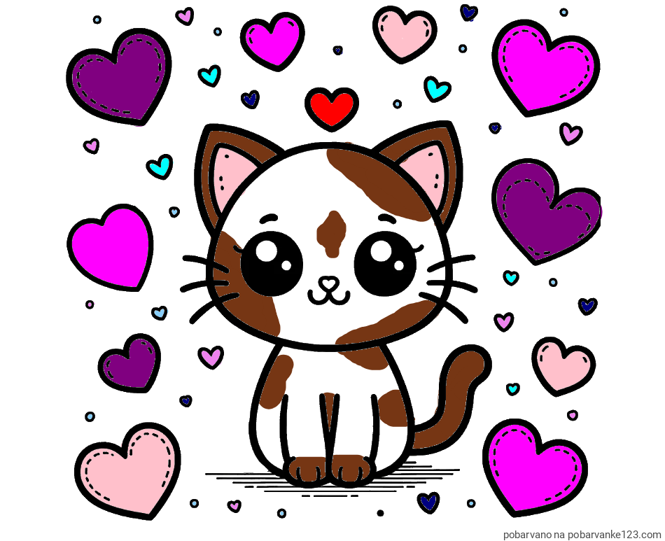 POBARVANA POBARVANKA - Pobarvanka ljubke mucke obdane z veliko srčki