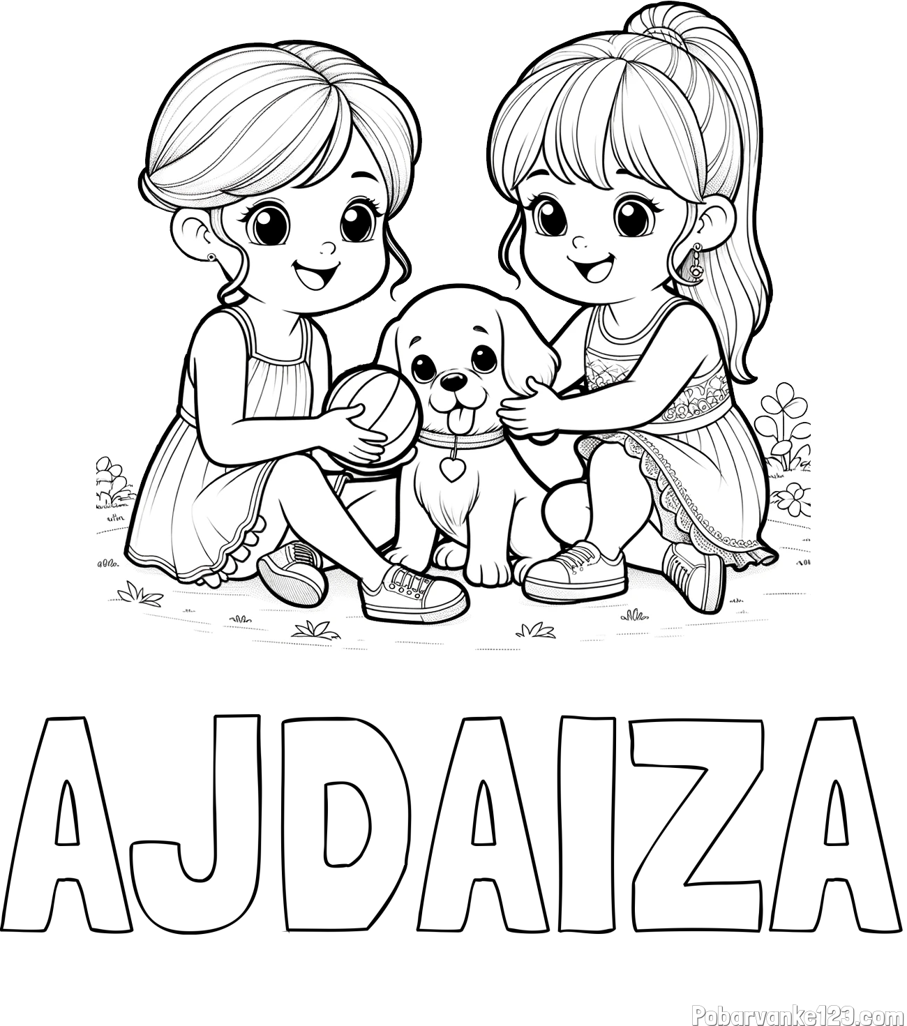 Pobarvanka imena AJDAIZA in pobarvanka prijateljic s kužkom