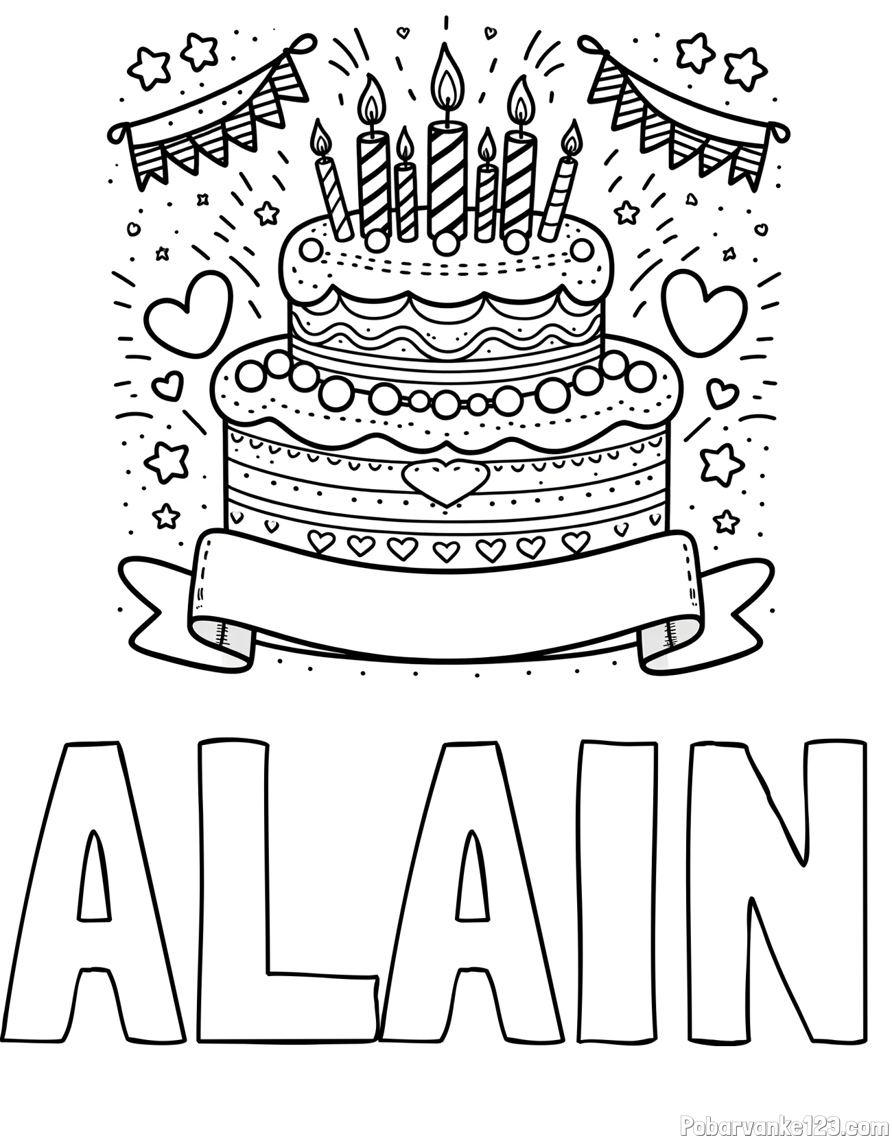 Pobarvanka imena ALAIN in pobarvanka velike torte za rojstni dan