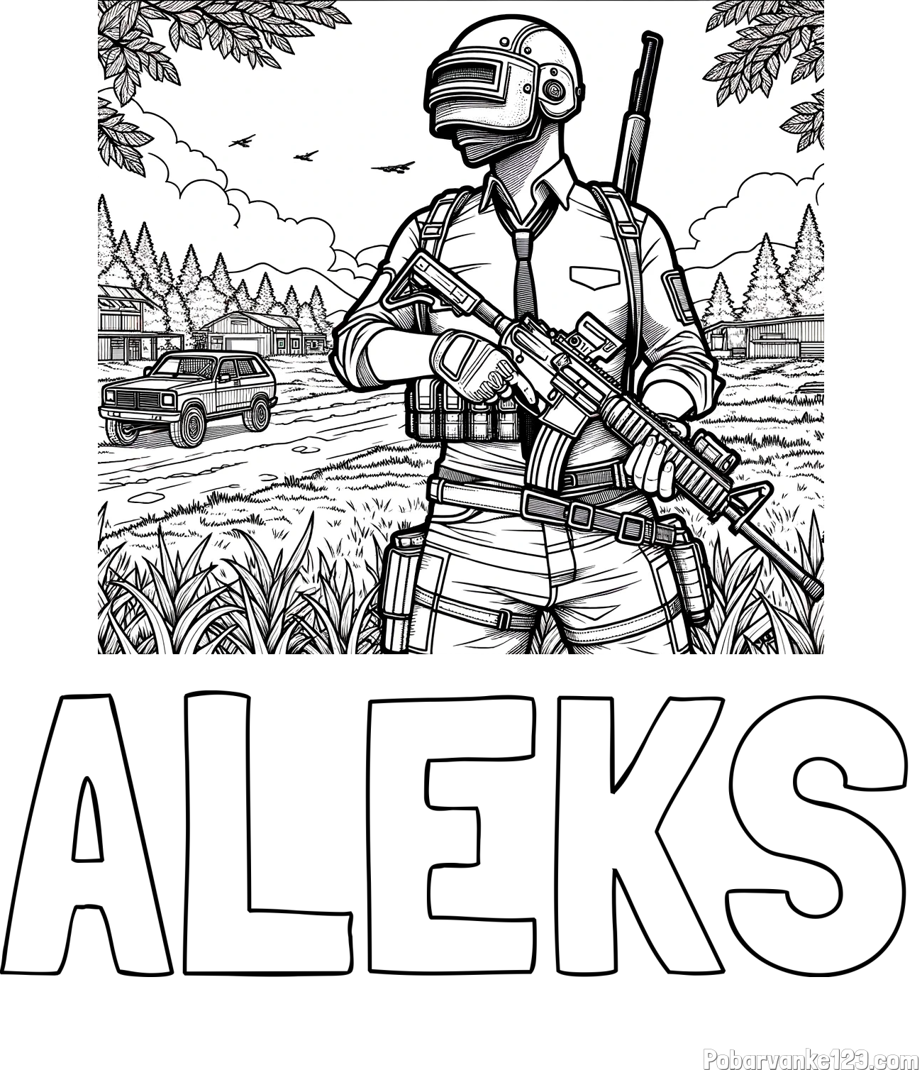 Pobarvanka imena ALEKS in PUB pobarvanka bojišča ter osrednjega lika