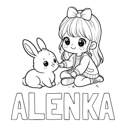 Online izdelana pobarvanka - Pobarvanka imena ALENKA in pobarvanka ljubke punčke, ki se igra z zajčkom