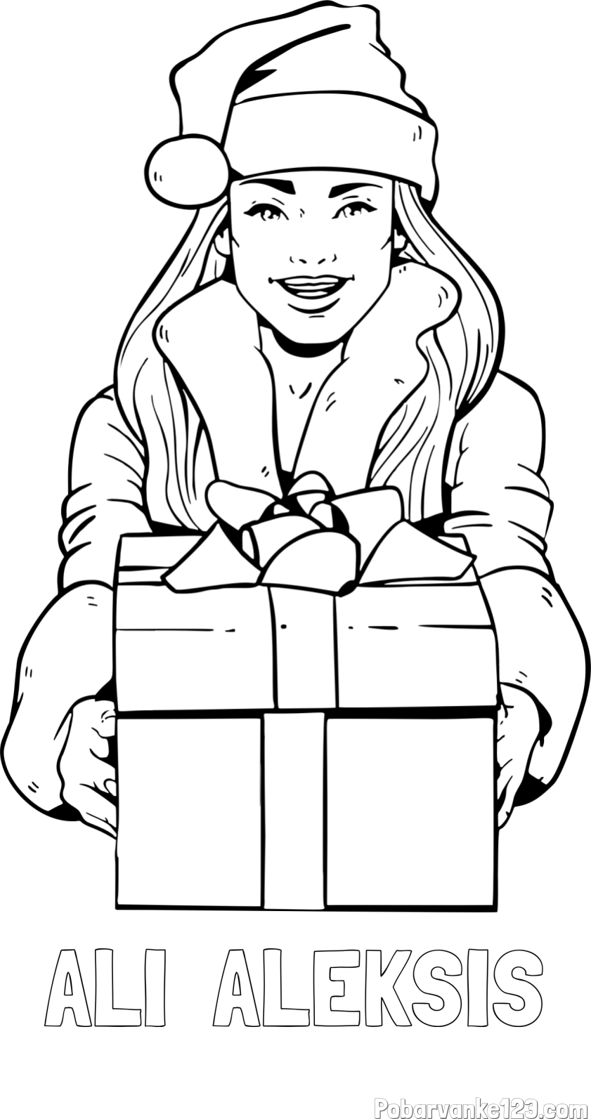 Pobarvanka imena ALI  ALEKSIS in pobarvanka ženske oblečene v Božička z darilom