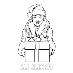 Online izdelana pobarvanka - Pobarvanka imena ALI  ALEKSIS in pobarvanka ženske oblečene v Božička z darilom