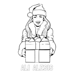 Online izdelana pobarvanka - Pobarvanka imena ALI  ALESIS in pobarvanka ženske oblečene v Božička z darilom