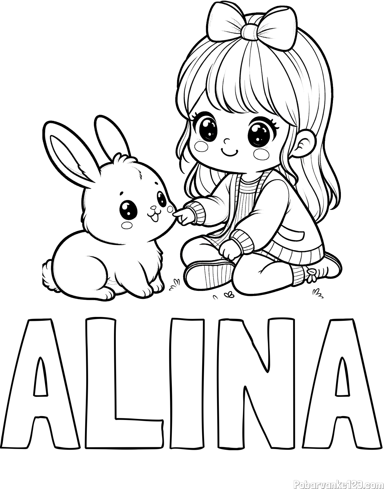Pobarvanka imena ALINA in pobarvanka ljubke punčke, ki se igra z zajčkom