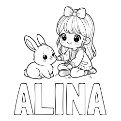 Online izdelana pobarvanka - Pobarvanka imena ALINA in pobarvanka ljubke punčke, ki se igra z zajčkom