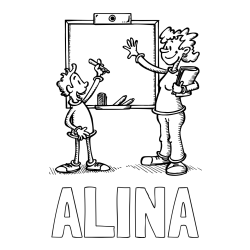 Online izdelana pobarvanka - Pobarvanka imena ALINA in pobarvanka učiteljice in učenca pred tablo