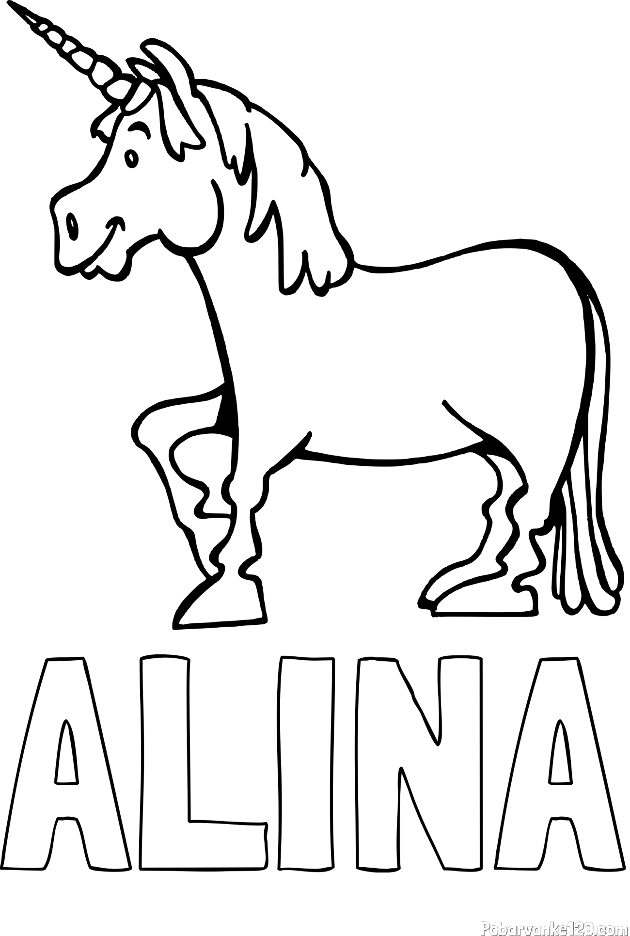 Pobarvanka imena ALINA in pobarvanka veselega samoroga