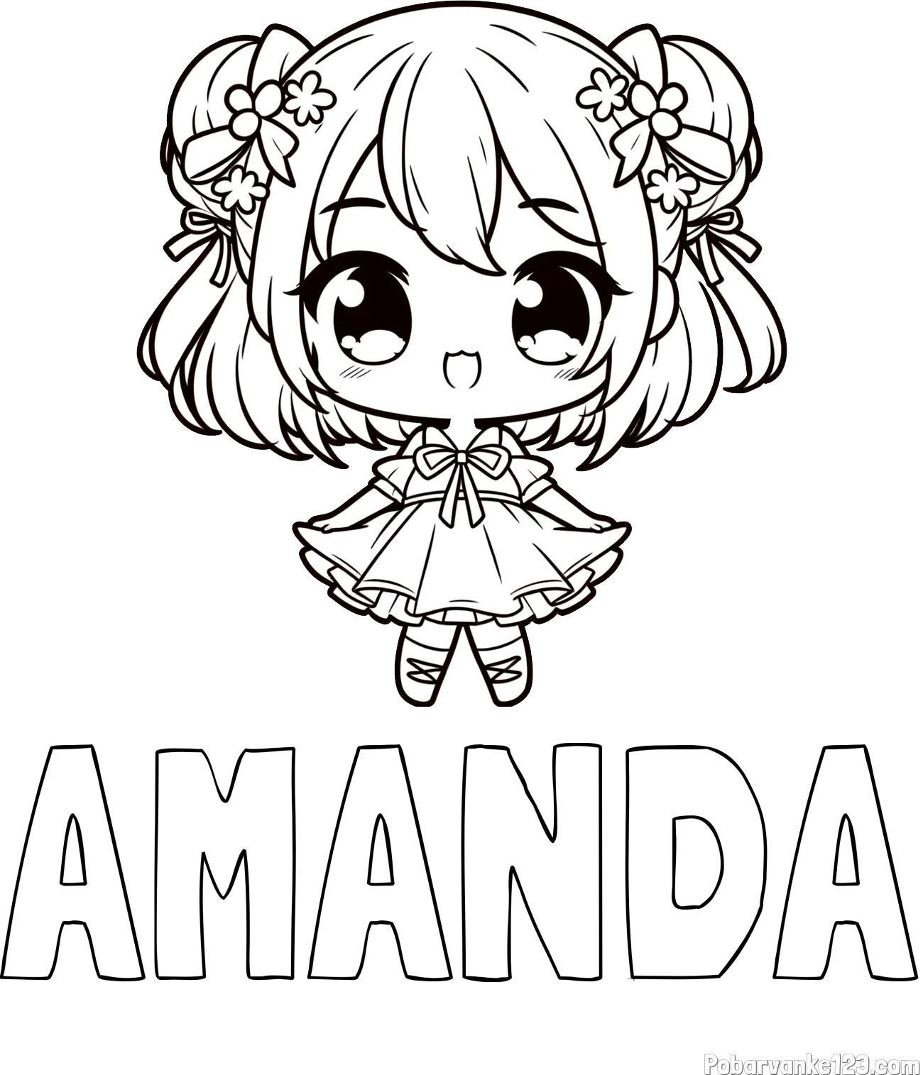 Pobarvanka imena AMANDA in otroška pobarvanka punčke v japonskem anime slogu
