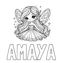 Online izdelana pobarvanka - Pobarvanka imena AMAYA in pobarvanka ljubke in nasmejane čarobne vile