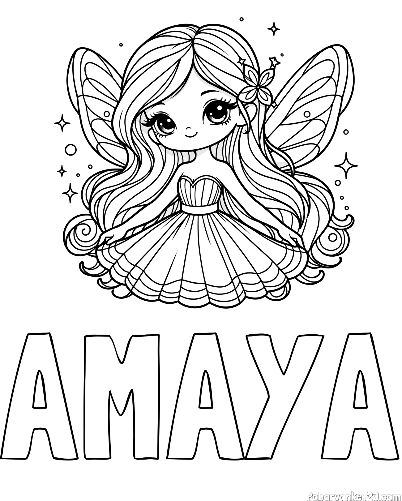 Pobarvanka imena AMAYA in pobarvanka ljubke in nasmejane čarobne vile